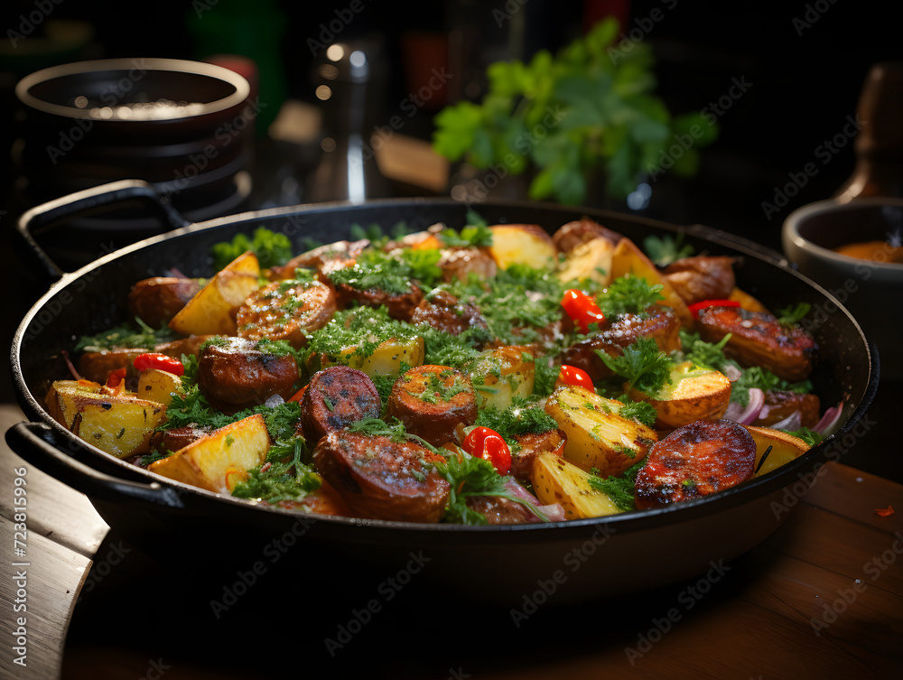 A skillet with sausages and potatoes A skillet with sausages and potatoes