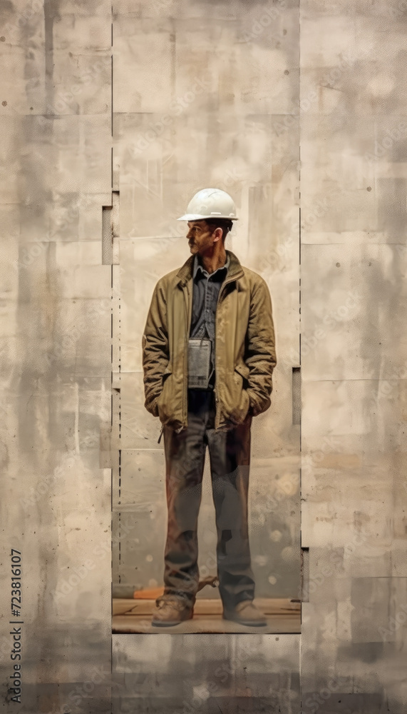 Old photo of worker in white helmet standing in front of wall