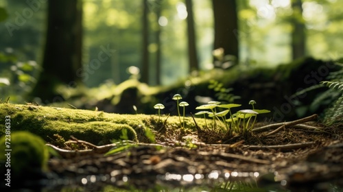 A moss covered forest with small green plants. Suitable for nature and environmental themes