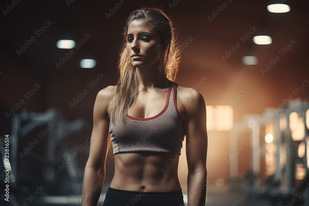 Sporty young woman standing in activewear with abs and muscles, looking pensive at gym.
