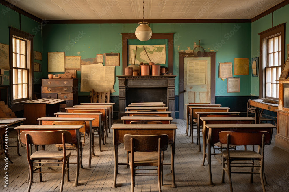 Old-style empty classroom with wooden desks and chairs. Generative ai