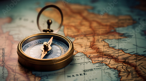 a analog compass with location marking on world map background, travel concept