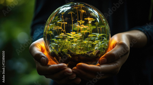 Woman holding a small plant in a glass sphere. Environment protection concept .