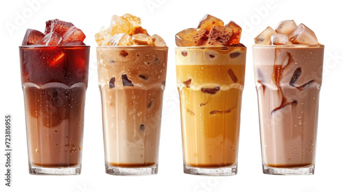 Set of black ice coffee and ice latte coffee with milk in tall glass isolated on white background