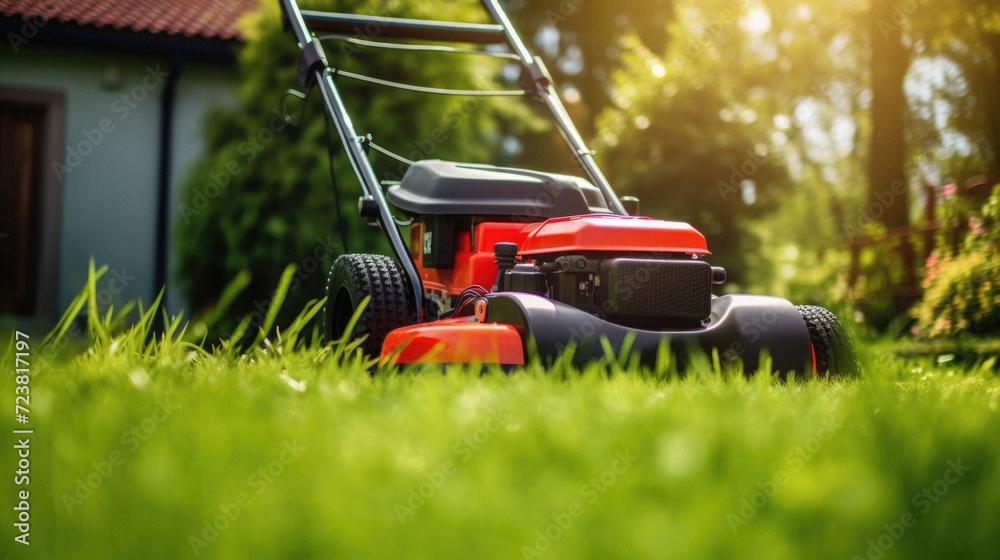 Lawn mower cutting grass in the garden. Gardening concept .