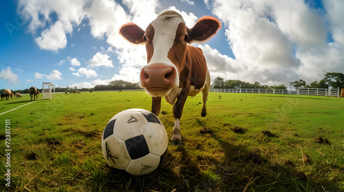 Action photograph of cow playing soccer Animals. Sports
