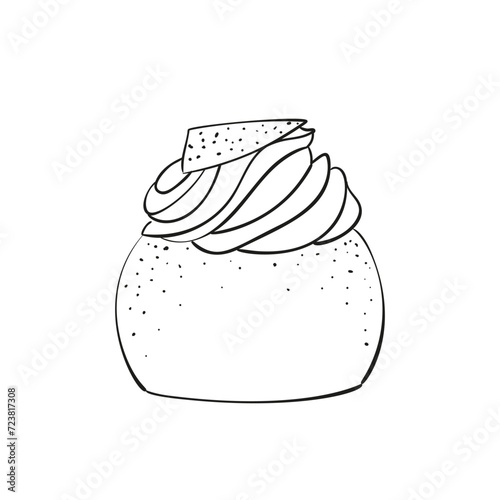 Traditional Swedish semla, hand drawn sketch of sweet pastry isolated, whipped cream filled cardamom bun with almond paste, vector illustration black ink doodle on white background