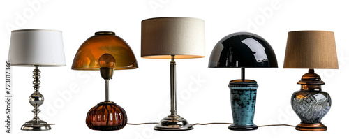 collection Set of different decor styles of retro vantage and modern bedside nightstand lighting table lamp for interior decoration furniture cutouts, precise isolated on white png, Generative AI