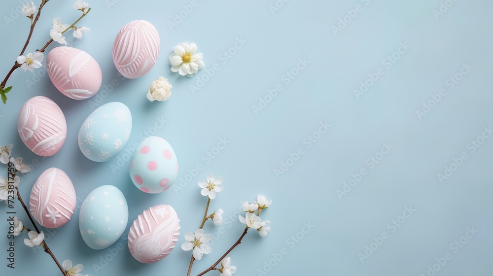 Easter eggs with flowers on pastel blue background Easter eggs with flowers on pastel blue background