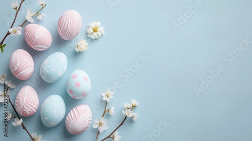 Easter eggs with flowers on pastel blue background