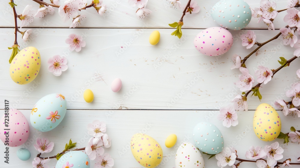 Sakura blossom flower, white happy easter eggs on white wood spring background