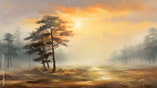 vintage oil painting sunset lonely tree nature landscape.