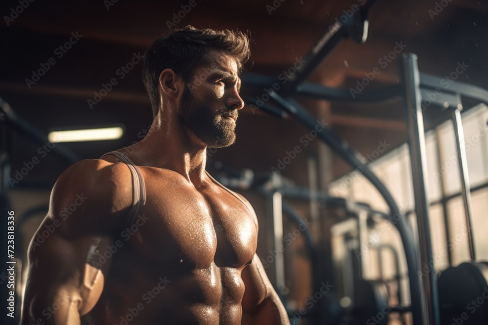 A shirtless man standing in a gym. Suitable for fitness, workout, and exercise themes