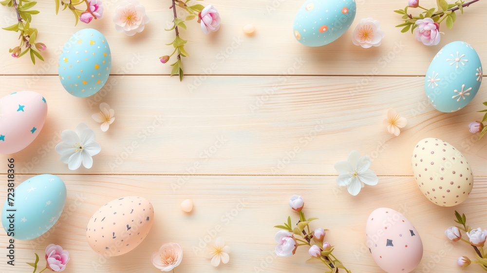 Sakura blossom flower, colorful happy easter eggs on wood beige spring background Sakura blossom flower, colorful happy easter eggs on wood beige spring background