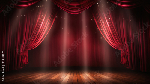 Red stage curtain with spotlights and wooden floor .