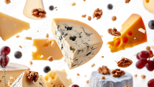 Different types of cheese are flying or falling in a white background photo