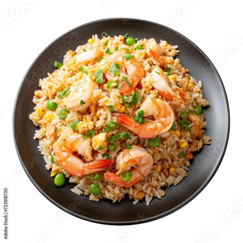Shrimp fried rice with assorted vegetables in plate. Isolated on Transparent background