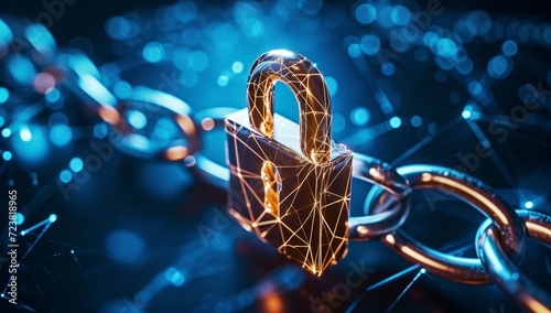 Cyber security concept. Golden padlock with chain on blue background 3D rendering
