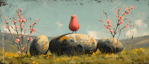 Painting of a Bird Perched on a Rock