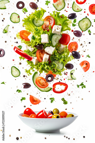 Flying lettuce from a salad white bowl isolated on a white background, fresh vegetables