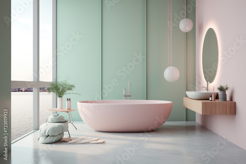 Pastel color minimal design bathroom interior with modern decoration