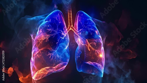 A hologram of the human respiratory system displays the lungs and their functions including the exchange of oxygen and carbon dioxide. photo