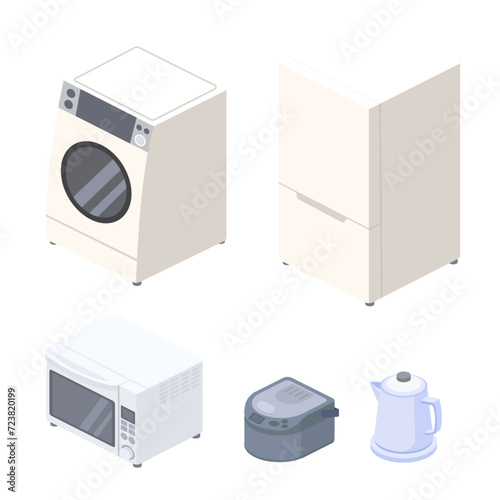 アイソメトリックで描いた一人暮らし向けの家電のセットイラスト