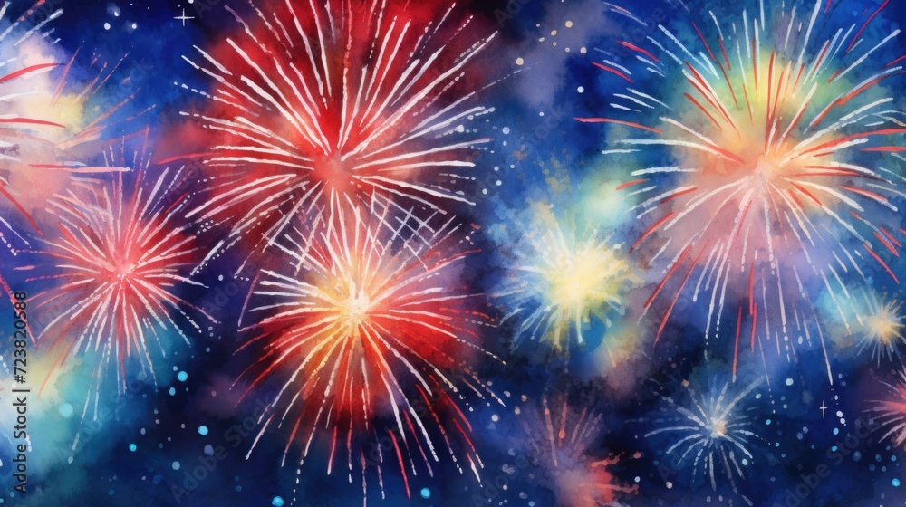 A captivating painting capturing the beauty of fireworks in the night sky. Perfect for adding a touch of excitement and celebration to any project or event