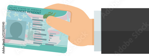 A hand presents a green card, permanent resident card of USA in flat design style (cut out)