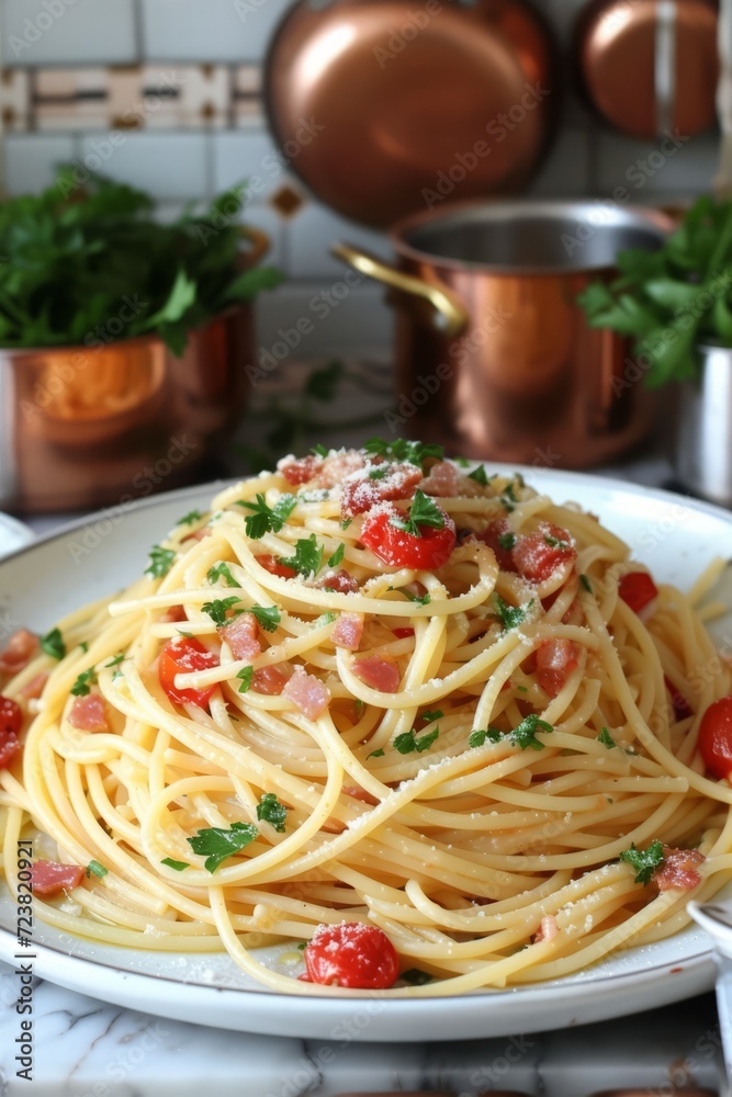 A plate of spaghetti with tomatoes and parsley