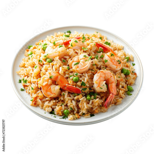 Shrimp fried rice with assorted vegetables in plate. Isolated on Transparent background