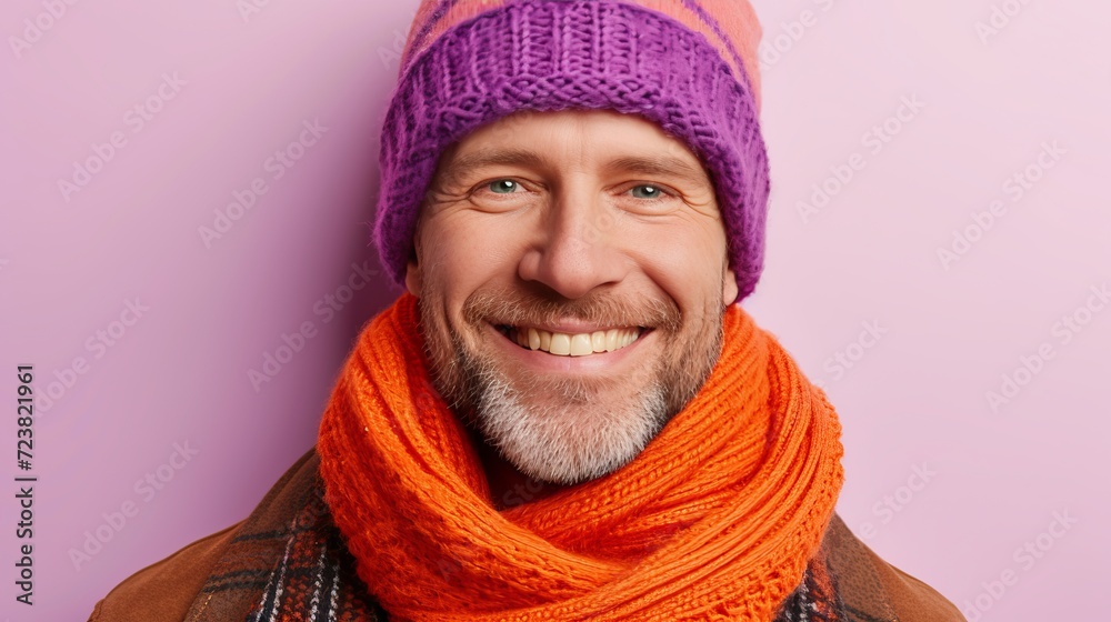 Smiling man wearing scarf and knitted hat, isolated on pastel background with copy space Smiling man wearing scarf and knitted hat, isolated on pastel background with copy space