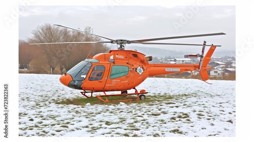 Rescue helicopter in action with urgency and heroism in snowy mountains on a bright day