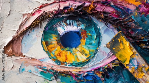 Oil painting of an eye with a paintbrush next to it