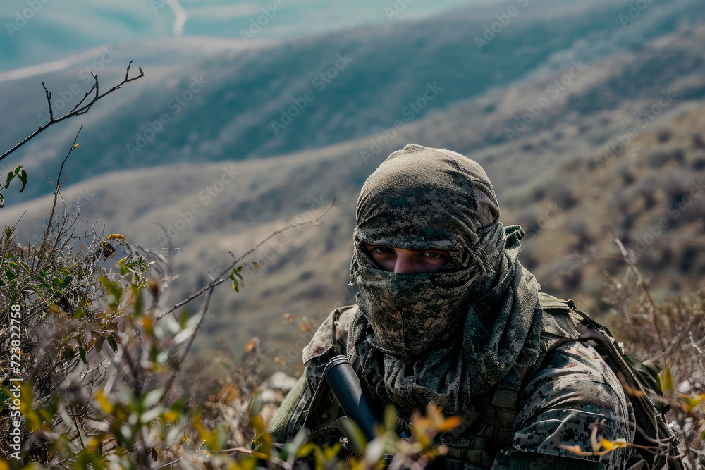 Soldier with face mask and camouflage in a mountains area.