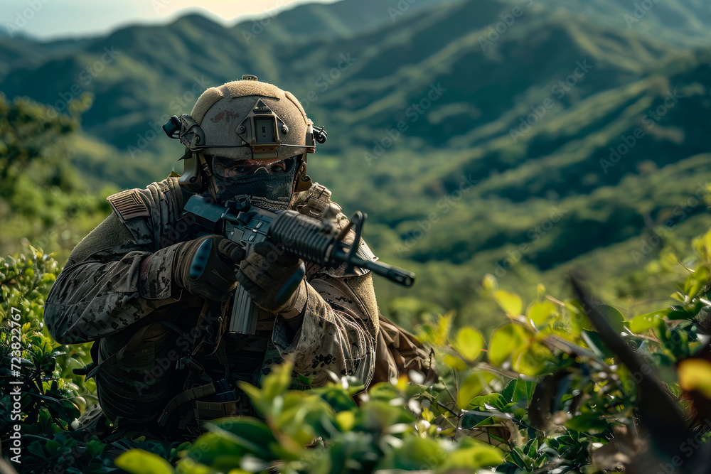 Special Forces Soldier action. Soldier with face mask and camouflage in a mountains area. Special Forces Soldier action. Soldier with face mask and camouflage in a mountains area.
