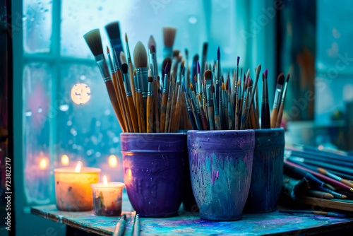 Old mugs full of many paintbrushes of all size. Artist table at dark workshop.