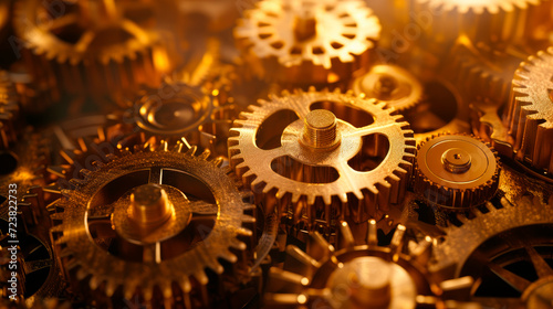 Close up of brass gears and cogwheels. Vintage gears macro view.