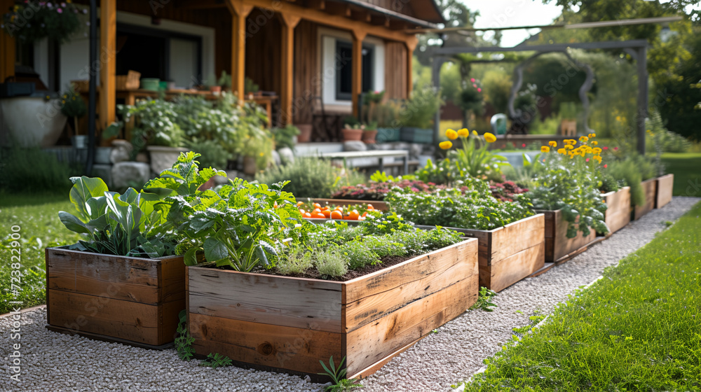 Vegetable garden at back yard. Wooden raided beds in an urban garden. Fresh vegetables,  Sustainable living lifestyle