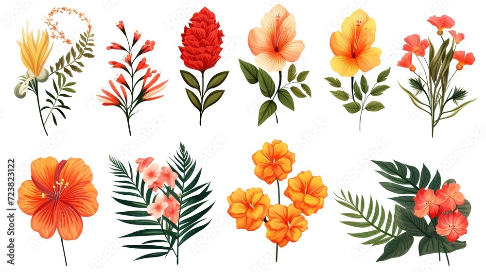 Tropical set of hand drawn floral arrangement. Vector botanical illustration. Layouts for the design of greeting cards and invitations, ,generative ai Tropical set of hand drawn floral arrangement. Vector botanical illustration. Layouts for the design of greeting cards and invitations, ,generative ai