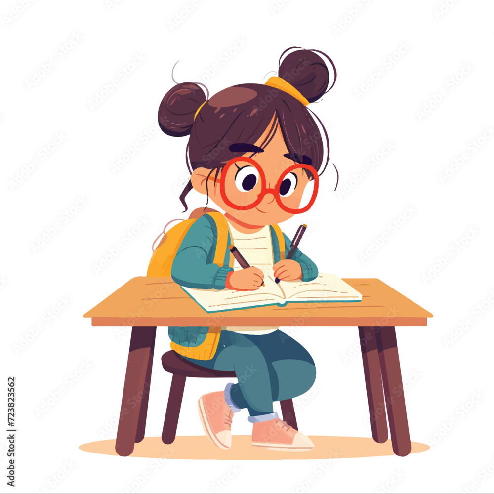 School Child Sitting at Desk and Studying