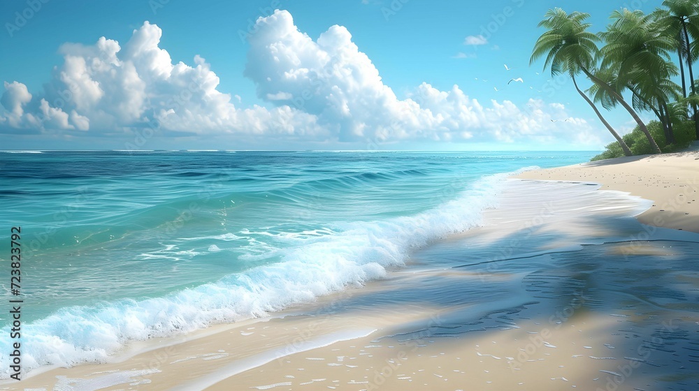 Beach Bliss: A serene beach scene with vibrant waves, palm trees, and a relaxing atmosphere, capturing the essence of summer. Beach Bliss: A serene beach scene with vibrant waves, palm trees, and a relaxing atmosphere, capturing the essence of summer.