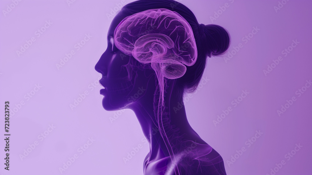 Profile image of a woman overlaid with a brain Profile image of a woman overlaid with a brain