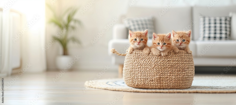 Curious kittens peeking from woven basket indoors   bright and light image with space for text - obrazy, fototapety, plakaty 
