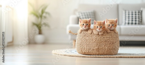 Curious kittens peeking from woven basket indoors   bright and light image with space for text photo