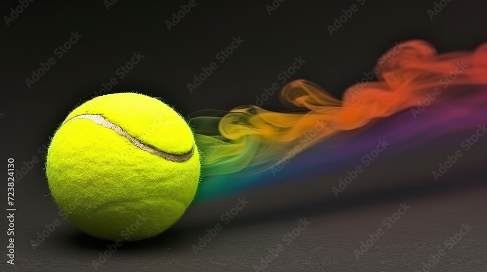 Vibrant smoke trails behind a tennis ball in motion on a dramatic black background