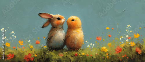 Two Rabbits in a Field of Flowers