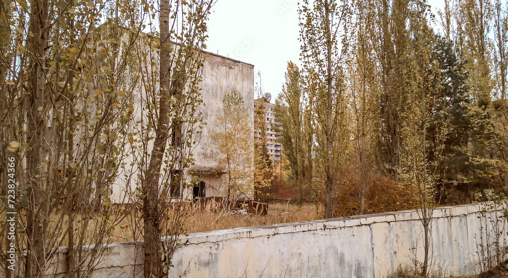 street and houses among the trees in the empty deserted abandoned town of Pripyat in Ukraine