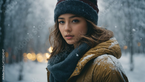 Photo of close up beautiful woman on winter landscape background