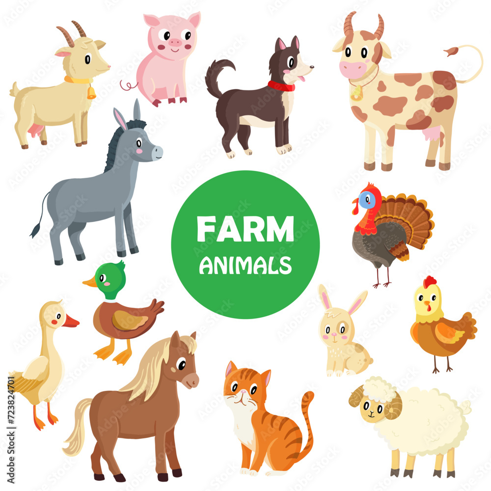 Illustrated Collection of Various Farm Animals on a White Background Illustrated Collection of Various Farm Animals on a White Background